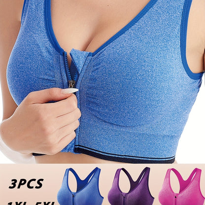 3pcs Plus Size Front Zipper Bras - No Underwire & Removable Pads, Breathable Mesh Running Bras for Women, 1XL-5XL (Navy/Black/Purple), Casual swear, Sleek y Look, Comfortable Fit