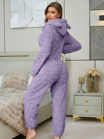 Women's Plush Fleece Hooded Jumpsuit - Cozy Mid-Length Zip-Up Romper with Heart Pattern, Harem Pants & Machine Washable for Autumn/Winter Clothing, Winter Apparel, Playful Bear Design, Soft Texture Apparel