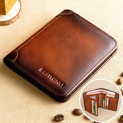 BANYANU Men'S Genuine Leather Short Wallet - Brown, Casual Style, Three-Fold Design, Multiple Card Slots, Anti-Theft Protection, Durable & Stylish for Everyday Use, Secure Card Holder | Casual Wallet | Genuine Leather Wallet