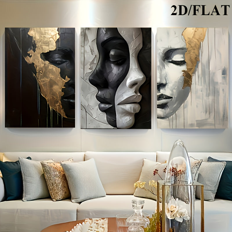 2D/Flat 3pcs Abstract Black and White Elegant Canvas Art with Wooden Frame, Large Wall Decor – Perfect for Living Room, Bedroom, Dining Room, Office – Ideal Halloween &amp; Easter Gift, Flat 2D Design