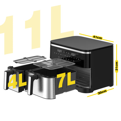 Iceagle XXL Hot Air Fryer, 2600W, 11L Dual-Zone Air Fryer with 2 Independent Chambers, 2-Sized Baskets, 10 Preset Programs, Timer, Digital Control Panel, and Recipe Guide