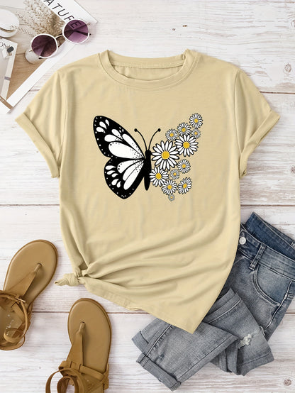 T-shirt casual para mulher com estampado floral de borboletas e margaridas, gola redonda - Verde azeitona, Lavável à máquina, Modelagem regular para looks casuais, Moda para todas as estações, Estilo descontraído, Tecido não transparente
