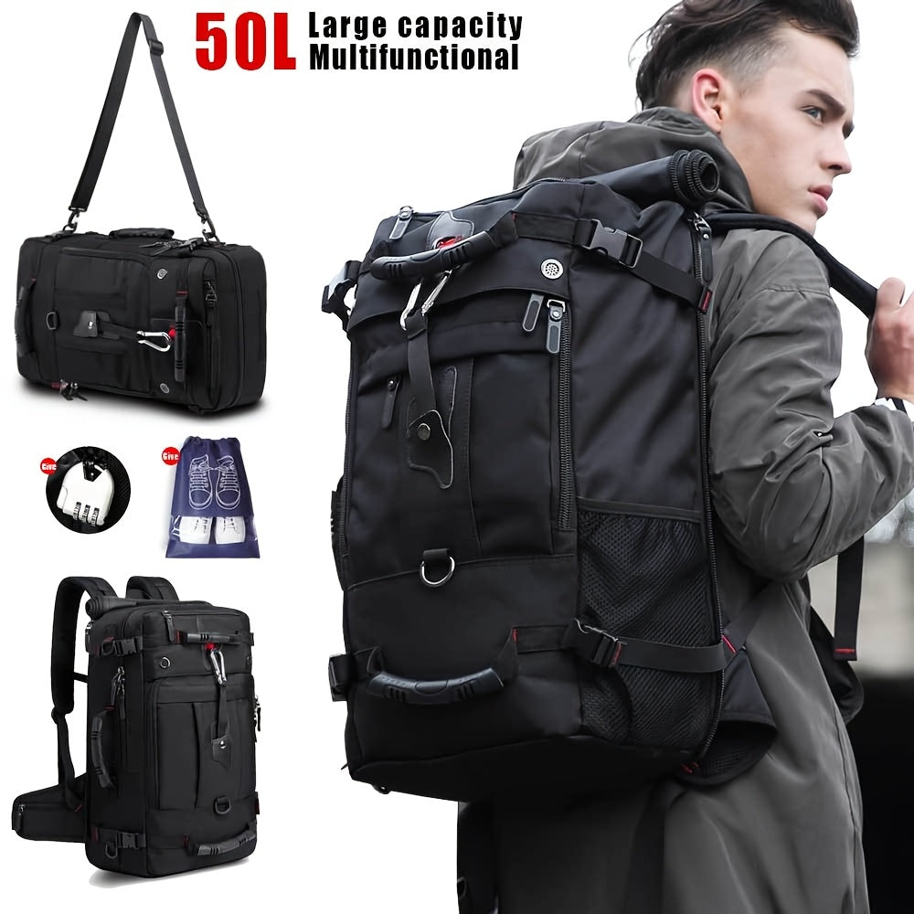 50L Large Capacity Convertible Backpack for Men - Black, Multi-Functional Hiking & Travel Bag with Laptop Compartment, Adjustable Straps, Durable Polyester Lining, Ideal for Outdoor Adventures, Sports, and Everyday Use, Trave