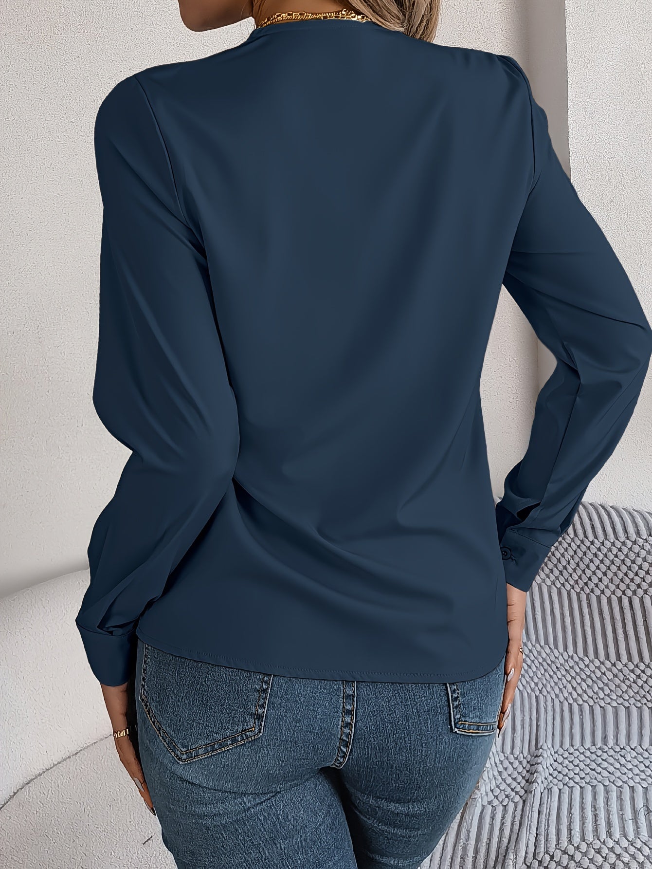 Women'S Elegant V-Neck Long Sleeve Shirt, Solid Color Polyester Blouse with Triple V-Cut, 95% Polyester 5% Elastane, Woven Fabric, 120g/m², for Spring/Summer/Fall - Adult