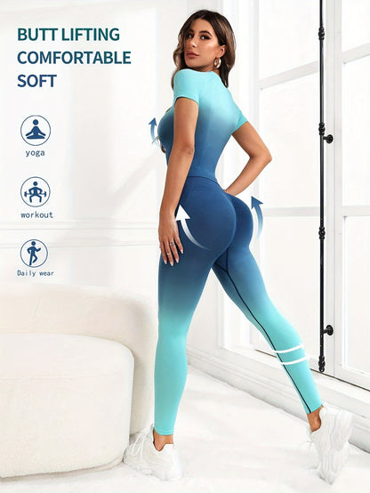 Women's High Waist Tummy Control Yoga 2-pieces Set - Stretchy Long Sleeve Top And Running Leggings, Gradient Tracksuits