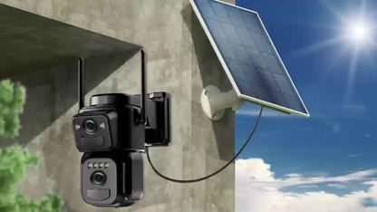 Multifunctional Security Camera with Solar Panel 2K 300W Pixel Video Resolution Wireless Outdoor WiFi Security Monitoring High-definition Dual Lens Automatic Rotation Pan Tilt Night Vision Motion Detection Bidirectional Call