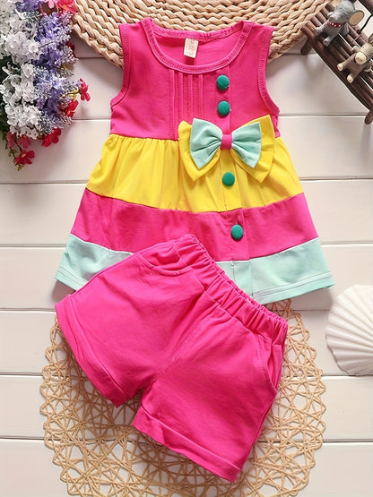 Stylish Color Block Outfit - Cute Bow Puffy Hem Vest & Pocket Shorts Two-piece Set Toddler Baby Clothes Outdoor Clothes Outdoor Suit