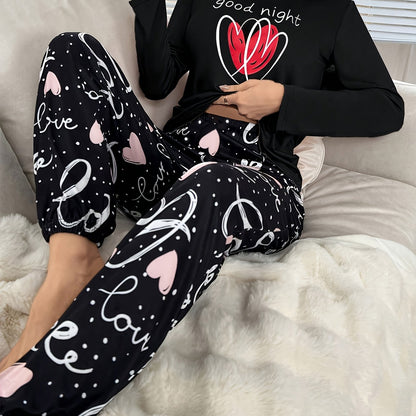 Autumn and Winter Women's Pajama Set with Long Sleeves, Pants, Cute Cartoon Heart Letter Print, Casual Loungewear for All Seasons