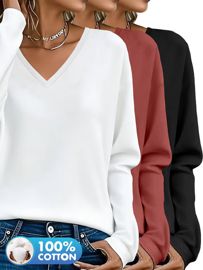 3pcs Women'S 100% V-Neck Long Sleeve T-Shirts - Soft, Durable, and Comfortable Casual Wear for All Seasons, Perfect for Holidays, Graduations, and Everyday Style, Everyday Comfort Wear | Minimalist Style | Soft Fabric Tee
