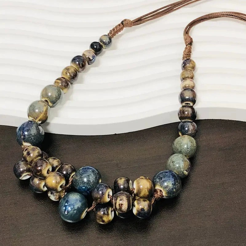 Handwoven Bohemian Women's Necklace - Marbled Ceramic Beads in Earthy Brown/Green/Blue/Golden/Black, Chunky Multi-Color Large Bead Statement Jewelry, Year-Round Versatile Boho-Chic Accessory for Daily Wear & Special Occasions