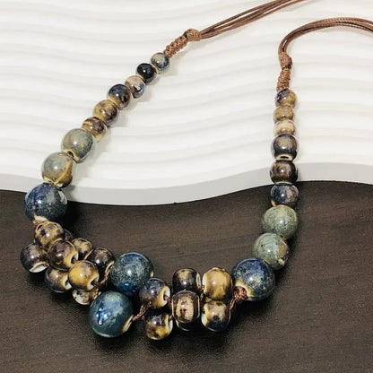 Handwoven Bohemian Women's Necklace - Marbled Ceramic Beads in Earthy Brown/Green/Blue/Golden/Black, Chunky Multi-Color Large Bead Statement Jewelry, Year-Round Versatile Boho-Chic Accessory for Daily Wear & Special Occasions