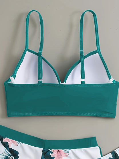 Floral Leaf Print Stretchy 3 Piece Set Swimsuits, Cross Spaghetti Strap Push Up Bikini & Boxer Shorts, Women's Swimwear & Clothing