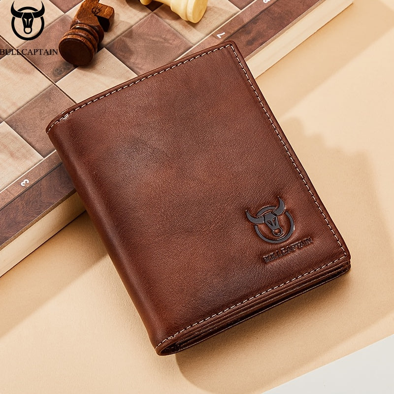 BULLCAPTAIN Men'S Genuine Leather Wallet, Handmade Full-Grain Cowhide, Large Capacity Multi-Card Holder, Driving License Slot, Sleek Black Embossed Logo, Business Style, Polyester Lined, Non-Braided, Secure Travel Wallet | St