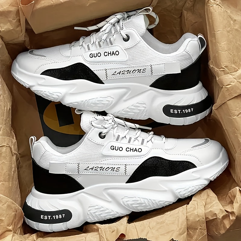 1 Pair Men's All-Season White Low-Top Sneakers - Heavy-Duty Traction PVC Sole, Lace-Up Casual Shoes for Travel, & Daily Wear - Cushioned, All-Terrain Grip (Black/White) - Versatile Outdoor & Footwear