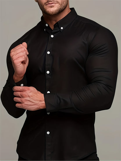 Camisa de homem de manga comprida, corte slim, cor sólida, tecido elástico de secagem rápida e fecho de botões. Ideal para atividades físicas na primavera e no outono.