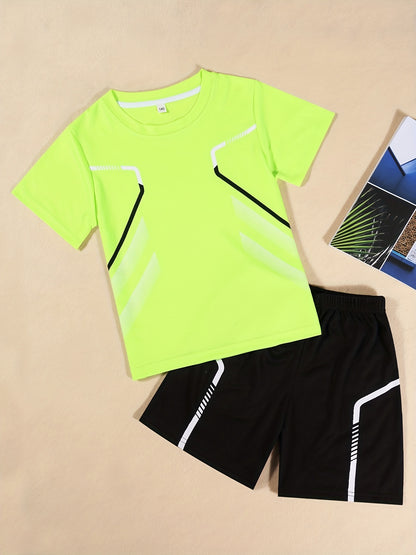 2pcs Boy's "Sport" Outfit Short Sleeves Round Neck T-shirt & Shorts Casual For Summer Daily And Outdoor Wear