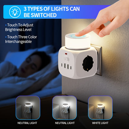 2025 New multifunctional round plug/socket/strip with 3 power outlets, with night light (2 USB-A) (2 TYPE-C), in-line socket, suitable for home, office, kitchen, bathroom and other places, multi-plug outlet, office.