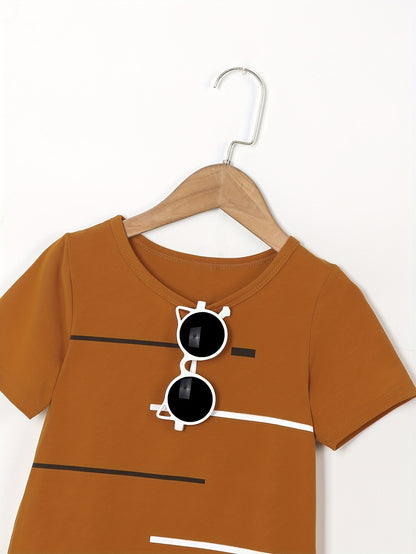 2pcs Set of Boys' Summer Striped Print Round Neck Short Sleeve T-shirt and Casual Shorts