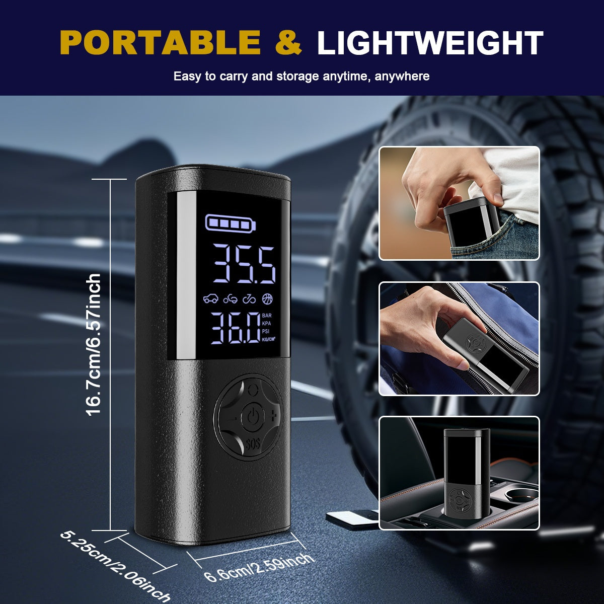 TEMOLA 7-in-1 Emergency Canjumper Starter & Tire Inflator with Digital Display, LED Light, Instant Jump Start, Tire Pressure Detection, Smart Air Compressor, USB Charging, Durable Polymer Battery for Cars, Motorcycles, Bicycl