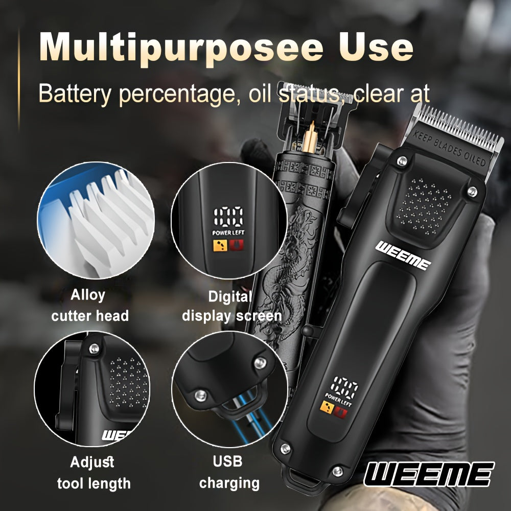 WEEME 3pcs Men's Grooming Kit - LCD Electric Clipper + Cordless Shaver + T-Blade Trimmer | USB-C Rechargeable w/Brushes & Care Accessories | Durable Hair/Facial Grooming Tools for Home & Travel