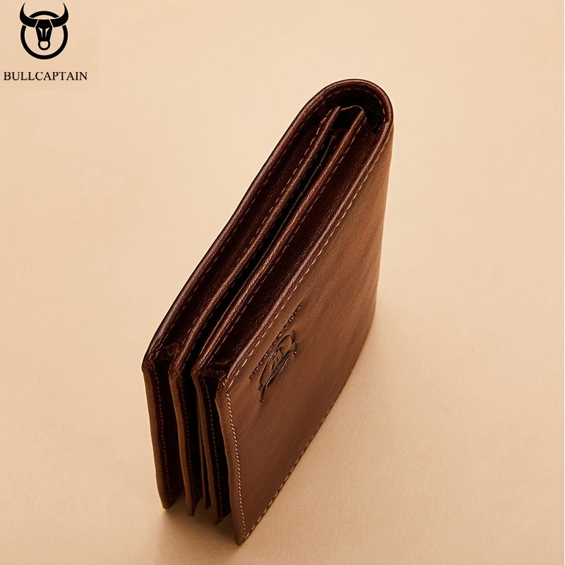 BULLCAPTAIN Men'S Genuine Leather Wallet, Handmade Full-Grain Cowhide, Large Capacity Multi-Card Holder, Driving License Slot, Sleek Black Embossed Logo, Business Style, Polyester Lined, Non-Braided, Secure Travel Wallet | St