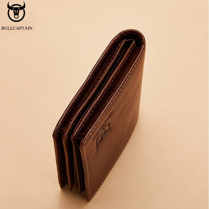 BULLCAPTAIN Men'S Genuine Leather Wallet, Handmade Full-Grain Cowhide, Large Capacity Multi-Card Holder, Driving License Slot, Sleek Black Embossed Logo, Business Style, Polyester Lined, Non-Braided, Secure Travel Wallet | St