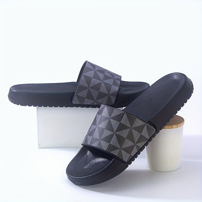 Men's Summer Slide Sandals - Non-Slip Soft Sole Casual Slippers with Geometric Pattern, Black & Gray, Comfortable for Indoor & Outdoor Use
