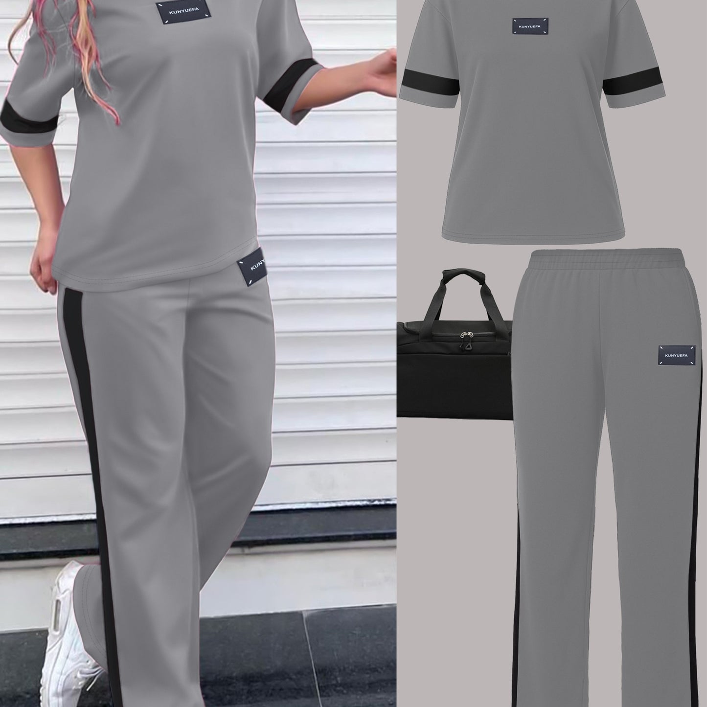 Autumn Fashion Trend: Color-Block Round Neck Short Sleeve T-Shirt + Casual Loose-Fit Elastic Waist Straight-Leg Pants Women's Two-Piece Set