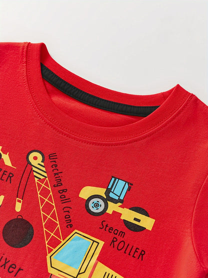 Boys' Cotton Short Sleeve T-Shirt with Cartoon Excavator Print, Breathable Summer Trend