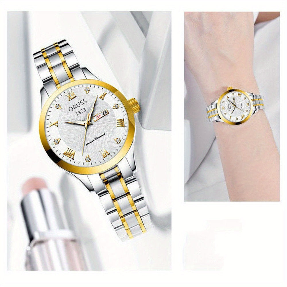 Luxury Rhinestone Decor Quartz Watch Waterproof Calendar Luminous Analog Wristwatch For Daily Life Business Travel Vacation Date Watch