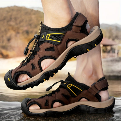 Men's Casual Fisherman Sandals - Adjustable Hook & Loop Closure, Breathable Synthetic Upper, Non-Slip Rubber Sole, Black/Brown/Grey Striped Design for Hiking, Beach & Casual Attire