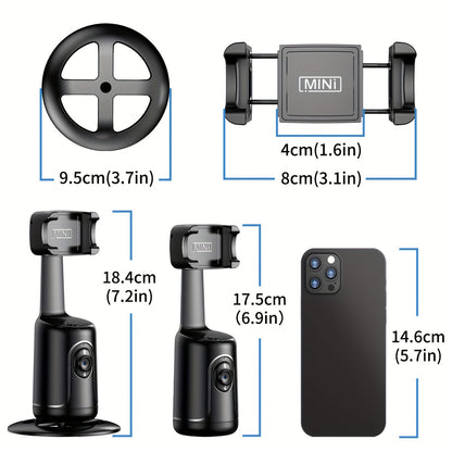 Tripé com seguimento facial automático, sem necessidade de aplicação, suporte para telemóvel com rotação de 360° para rosto e corpo, ideal para vlogs e live streams, bateria recarregável, preto.