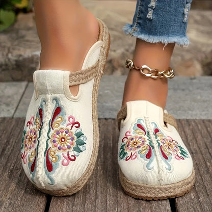 Women'S Ethnic Floral Embroidered Fabric Slides - Handmade Woven Espadrille Sole, Round Toe Slip-On Flat Heel Sandals for All Seasons, White with Colorful Flower Patterns, Casual Footwear | Floral Pattern Sandals | Woven Espa
