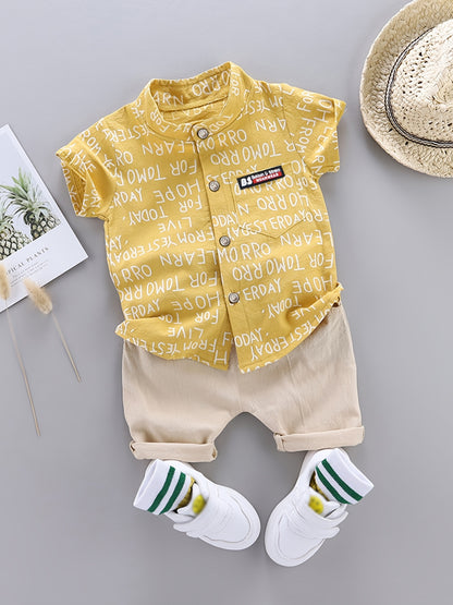 2pcs Baby Boys Dinosaur Print Button Short Sleeve Shirt Top &amp; Elastic Waist Shorts Set Toddler Summer Clothes For Daily &amp; Outdoor Wear