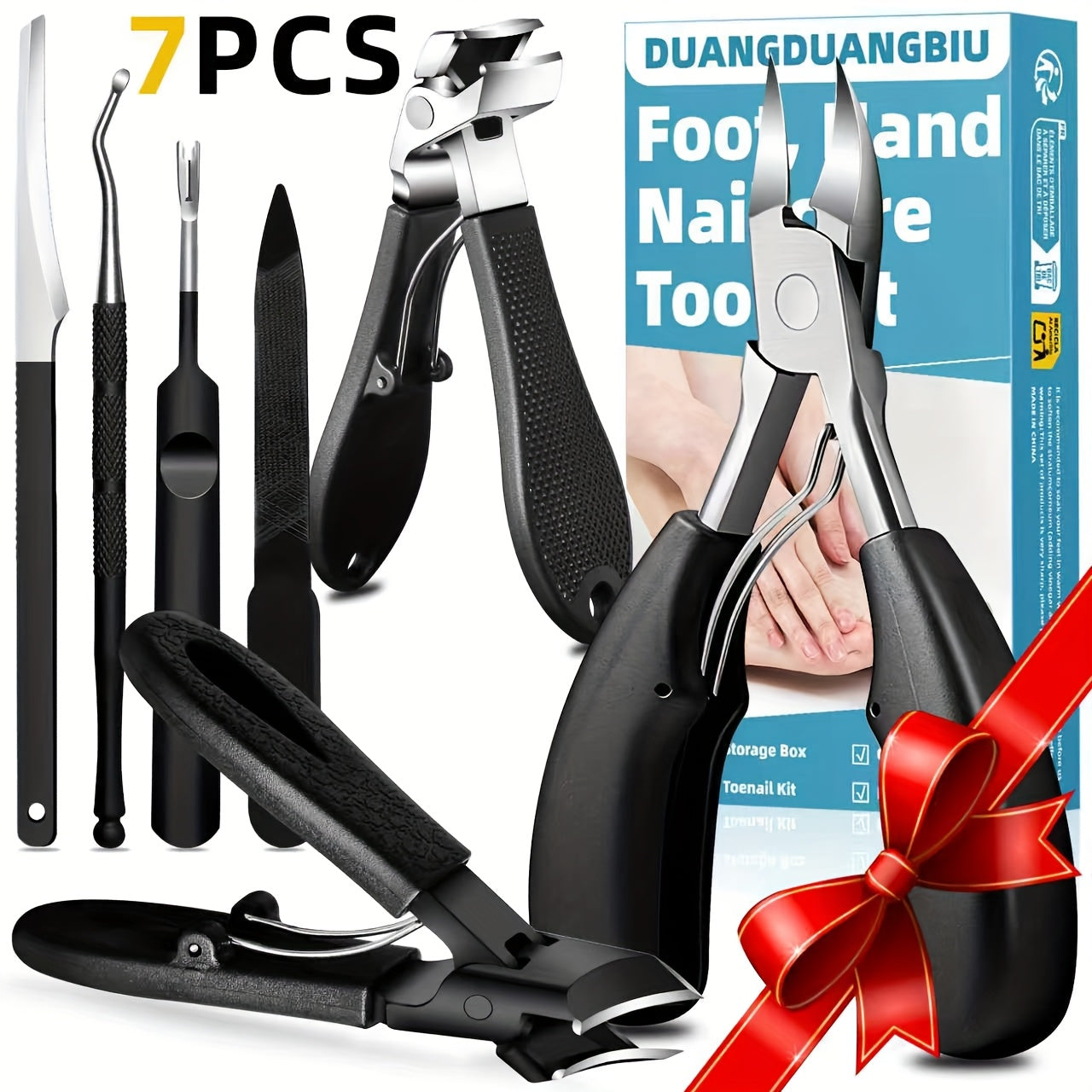 7pcs Stainless Steel Nail Care Kit for Ingrown & Thick Toenails - Heavy-Duty Clippers Set with Nail File, Cuticle Nippers, And Grooming Tools - Classic Black Handles for Men, Women, Seniors, Halloween Gift, DUANGDUANGBIU