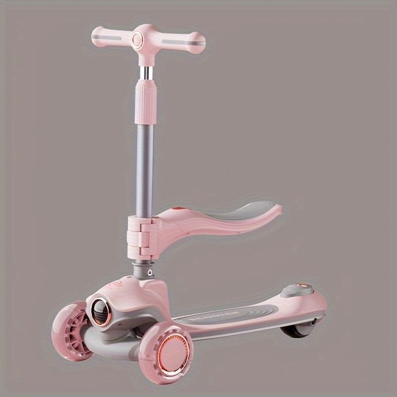 Kids Scooter with Foldable Seat & 2-in-1 Sit & Stand Modes, 5-Level Adjustable Handlebar, Pink with LED Lights & Music, 2-Wheel Stability, Front Brakes & Rear Suspension, Heavy-Duty Construction for Boys & Girls 3-12 Years (B