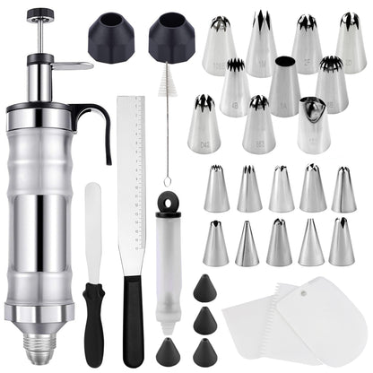 High-Quality Stainless Steel Icing Cream Decorating Kit, 34pcs Cake Decorating Tools Set with 10 Medium Nozzles and 10 Small Nozzles, Including a Graduated Smoothing Scraper, Silicone Writing Pen, Fondant Comb, Cupcake Fillin