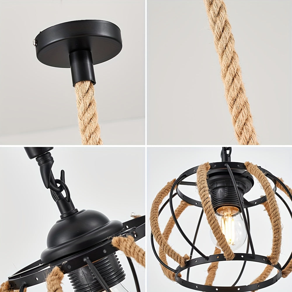1pc Hemp Rope Chandelier, Industrial Black Metal Cage Shade Hemp Rope Hanging Lamp, Adjustable E26 Chandelier Lighting Kit For Cafe Kitchen Living Room Warehouse Bar (Not Include Bulb)