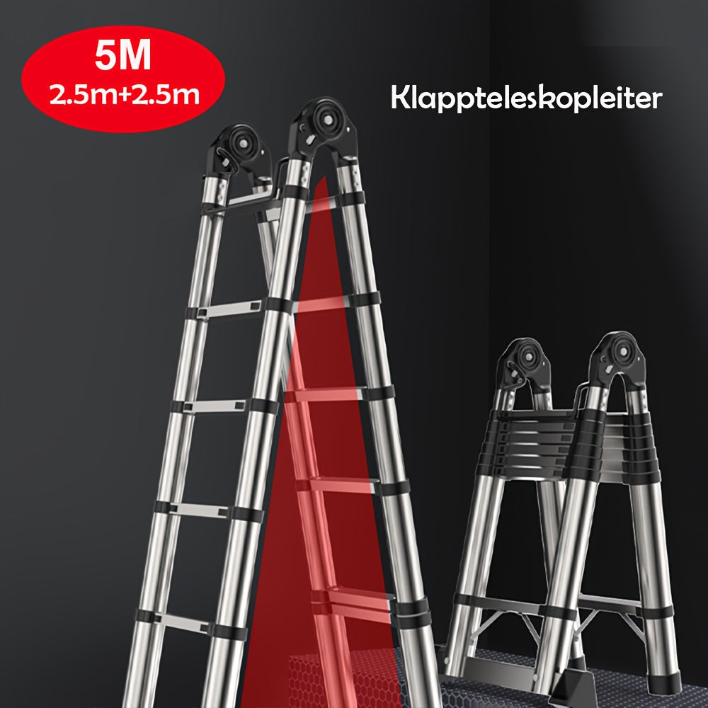 150kg Stainless Steel Ladder, 5m 4.4m 3.8m 3.2m 2.6m Telescopic Folding Ladder, Portable Safety Ladder, Suitable for Renovation And Maintenance, Garden Pruning, Orchard Picking, Warehouse Stocking, Ladder for Home, A Shape Ad