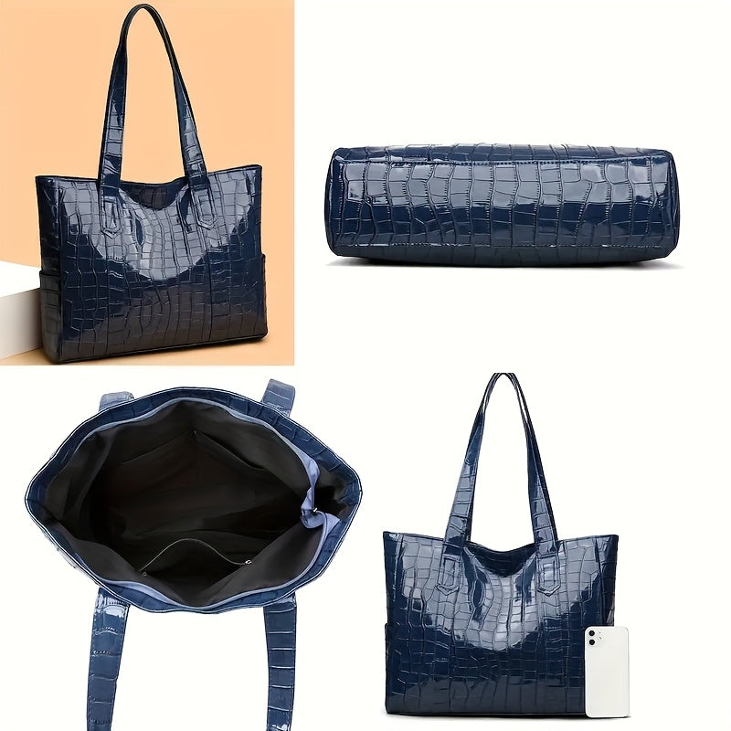 Stylish White Crocodile-Textured Tote Bag with Golden-Tone Hardware - Large Capacity, Durable, Perfect for Commuting, Shopping, and Travel, Travel Tote Bag | Elegant Tote Bag | Durable Tote