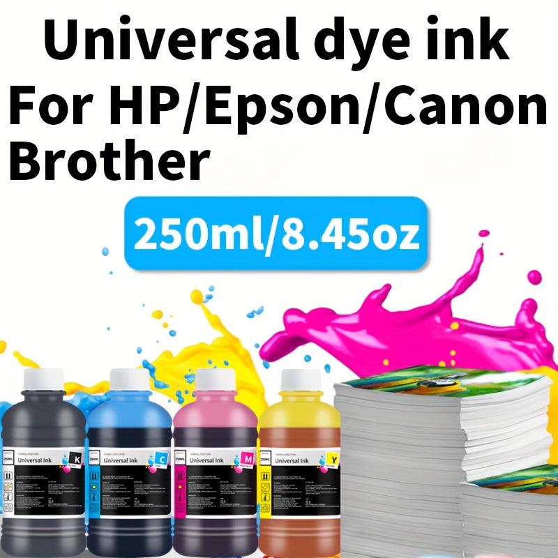 Dye Ink Cartridge Filling for Canon, Epson, HP, and Brother Printers - 250ml/8.45 oz universal ink cartridge with 4 color options (black, blue, pink, yellow) for HP 301XL, 302XL, 305XL, 304XL, PG-545, CL-546, 245, 246, 745 - H