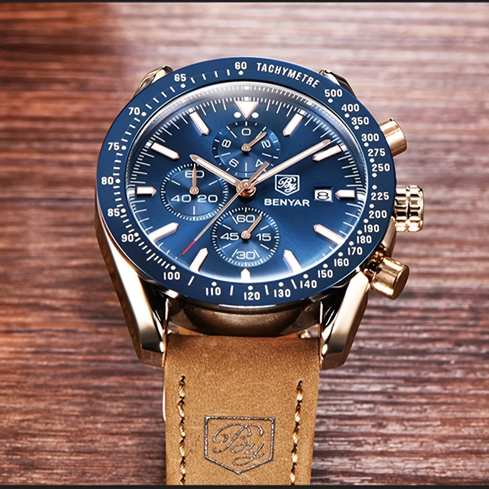 BY BENYAR Men'S Quartz Chronograph Watch - Luminous, Stainless Steel, Blue Dial with Date & Stopwatch, Faux Leather Strap, Elegant Business & Casual Style, Perfect Gift for Men, Professional Chronograph | Sleek Watch Design |