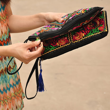 Retro Style Square Purse, Ethnic Style Phone Clutches, Floral Embroidery Handbag With Wristlet