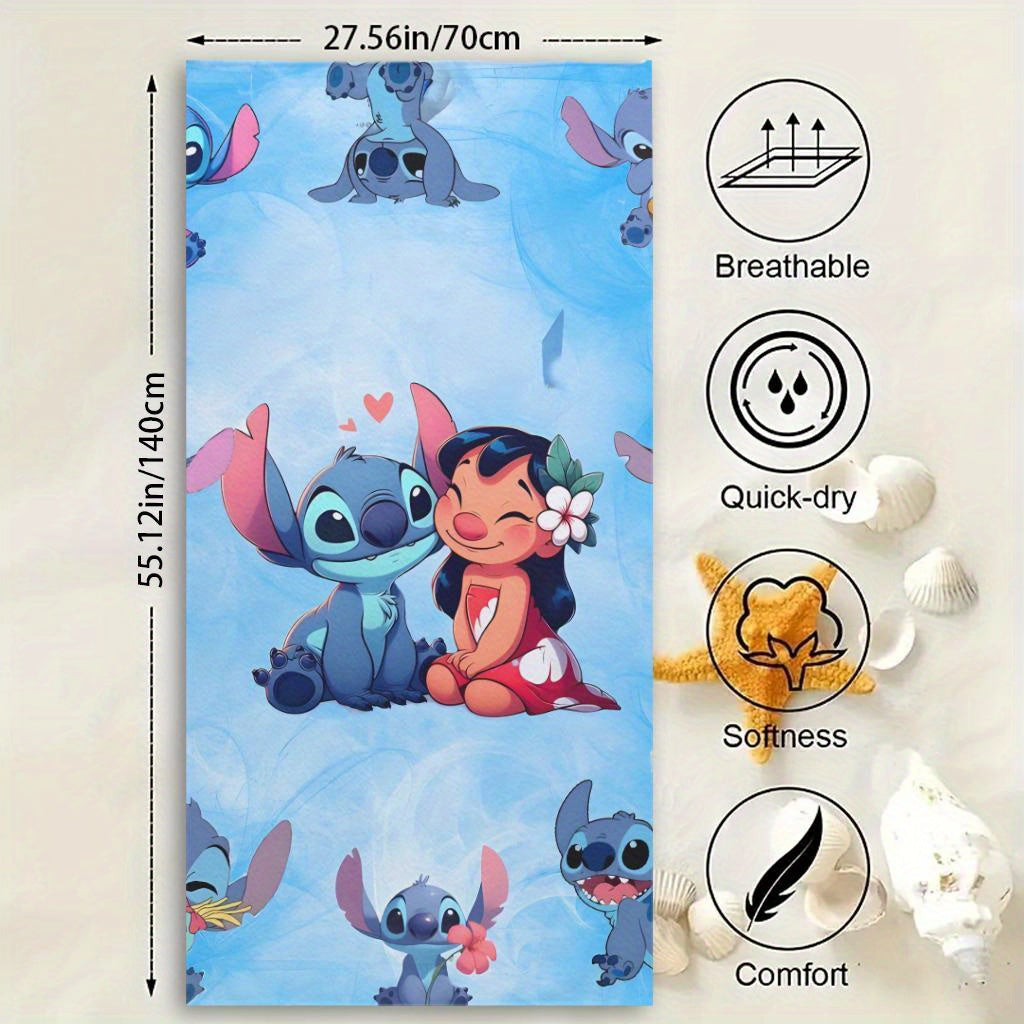 1pc Stitch and Lilo Beach Towel - Cute Intimate Moment Design, Quick-Dry Microfiber, Lightweight & Super Absorbent, Perfect for Yoga, Travel, Swimming, Fitness & Camping, Swim Towels