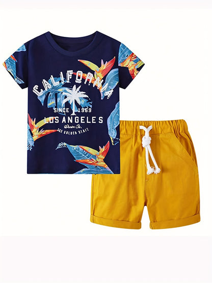 Boys "California" Leaf Casual Outfit Round Neck T-shirt & Shorts For Summer Kids Clothes