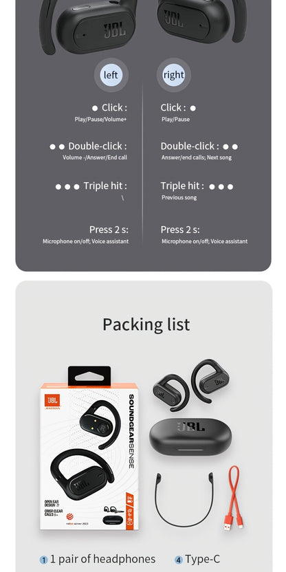2024 New JBL Soundgear sense Open Wireless Earphones Bone Conduction Sports Running Headphones, Wireless Earbuds, HIFI Sound Quality, HD Calling, 1200mAh Rechargeable Battery, Wireless Connectivity