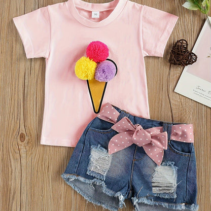 Adorable Girls' Ice Cream Print Short Sleeve Tee & Ripped Denim Shorts Set with Pink Bow Accent - Stretchy, Breathable Summer Outfit for Casual Wear, Perfect for Outdoor