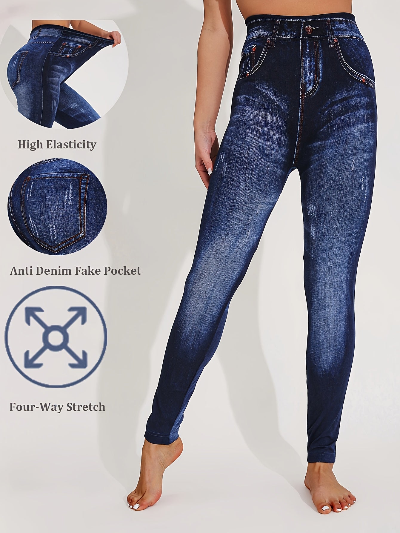 【imitation denim】Autumn And Winter Directional Style, Fashionable And Elegant Women'S Faux Denim Printed Leggings, Casual Fake Faux Denim Skinny Pants, Perfect for The, Three-Quarter Length, High Elasticity, Breathable So