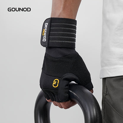 1 Pair GOUNOD Weightlifting Gloves - Reinforced Thumb Crotch, Sturdy Slip-Resistant Design, Adjustable Hook-and-Loop Closure, Black with Yellow Accents for Fitness, Sports & Bodybuilding, Weightlifting Accessories, Sports Han