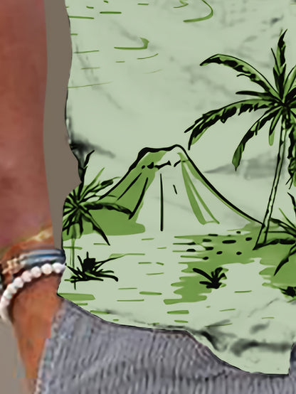 Camisa de homem de manga curta com estampado de coqueiros, ideal para o dia a dia em resorts e para a praia.